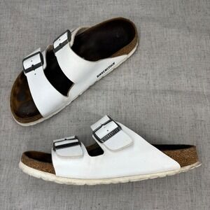 Birkenstock Arizona Sandals White Leather Double Strap Slides EU 39 NARROW